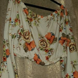 Plus Floral Bardot Bell Sleeve Crop Blouse
